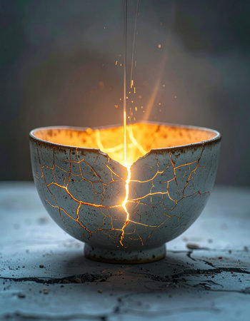 A broken ceramic bowl is mended with gold, embodying the Japanese art of Kintsugi.の素材
