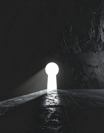 In a dark, cavernous space, a single beam of brilliant light pierces the gloom through a keyhole-shaped opening.の素材