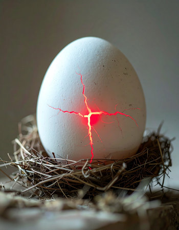 In a quiet nest, a single egg begins to crack, revealing not an ordinary life but an intense, mysterious red glow from within.の素材
