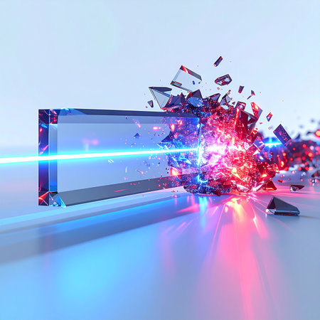 A concentrated beam of brilliant blue laser light strikes a solid glass block with immense force, causing a spectacular explosion of shattered fragments.の素材