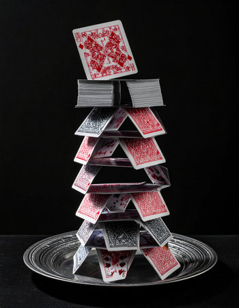 A tall, intricate house of cards stands precariously on a silver platter, captured at the dramatic moment of collapse.の素材