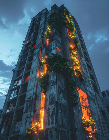 In the twilight of a forgotten world, a lone skyscraper stands as a monument to a lost era.の素材