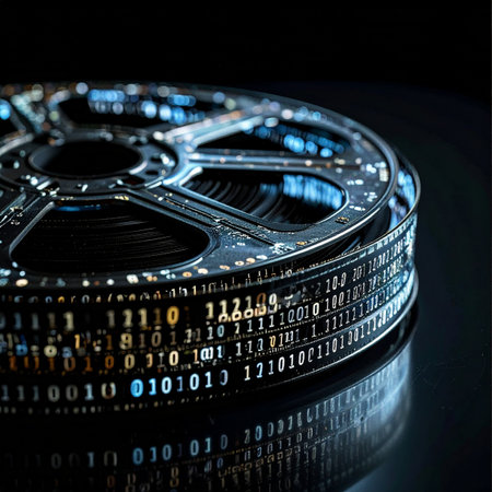 An old-fashioned film reel sits in the dark, its surface reflecting a cool, digital glow.の素材