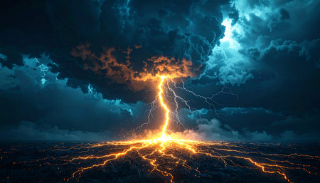 A colossal bolt of raw, golden energy tears through a turbulent, dark blue sky, striking the earth with cataclysmic force.の素材