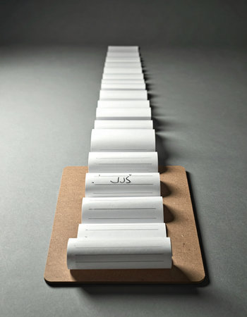 A white accordion book unfolds in a continuous line, stretching towards a vanishing point.の素材