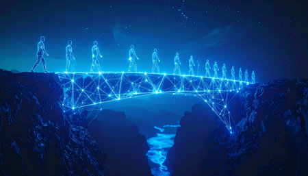 A team of figures walks in unison across a luminous bridge constructed from digital data and light.の素材
