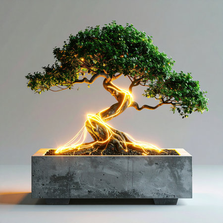 An ancient bonsai tree pulses with a mystical golden light, its energy flowing like a vibrant network through its roots and trunk.の素材