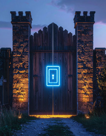 At dusk, an ancient stone fortress reveals a modern secret: a glowing blue neon keyhole, offering digital access to a world of mystery and opportunity.の素材
