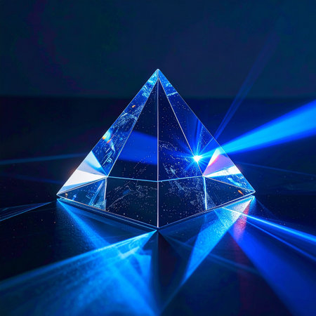 A single beam of intense blue light pierces the darkness, striking a precisely cut glass pyramid. Inside, the light fractures and reflects, creating a complex pattern of refracted rays.の素材