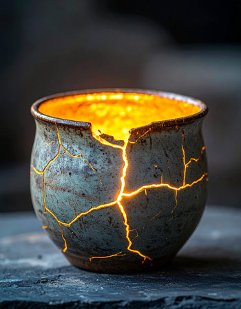 A beautifully repaired Kintsugi bowl glows from within, its golden cracks radiating a warm light.の素材