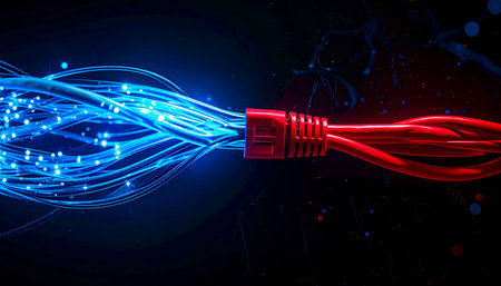 A glowing stream of blue fiber optic light, representing high-speed data and the future of communication, flows from a network cable.の素材