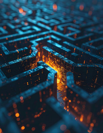 A luminous path of glowing orange energy carves a solution through a complex, dark blue digital maze.の素材