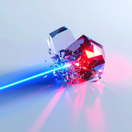 A high-intensity laser beam strikes a pristine crystal, causing a catastrophic and beautiful explosion of light and matter.の素材