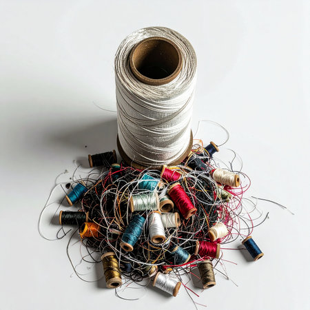 From a tangled mess of colorful possibilities, a single, orderly thread emerges, ready for creation.の素材