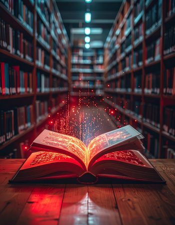 In the quiet depths of an ancient library, a single book lies open, its pages glowing with a mysterious red light.の素材