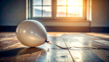 A single white balloon rests on a polished wooden floor, a quiet remnant of a celebration past.の素材