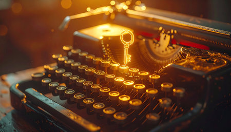 In a dimly lit room, a single glowing key rests upon the keys of a vintage typewriter, symbolizing the unlocking of a new story, a hidden secret, or a long-forgotten memory.の素材
