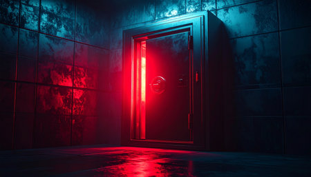 In the depths of a cold, damp corridor, a single door stands slightly ajar, leaking a sinister red light into the surrounding gloom.の素材