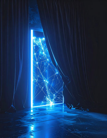 A dark curtain is pulled aside to reveal a glowing blue neon doorway.の素材