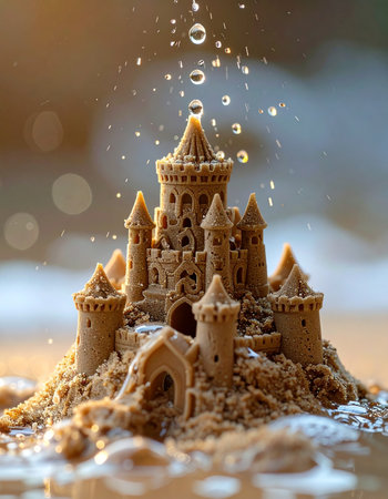 A meticulously crafted sandcastle stands as a testament to a summer's day dream, with magical water droplets splashing down, capturing a fleeting moment of creative beauty before the tide reclaims it.の素材