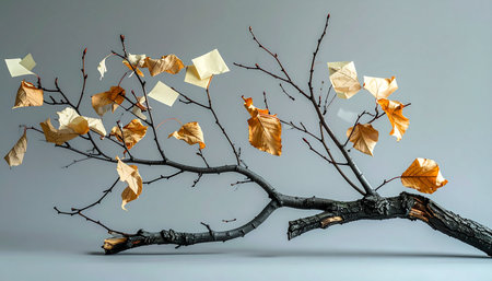 A single, weathered branch holds the last of its golden autumn leaves, a quiet testament to the changing seasons.の素材