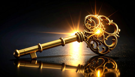 A single, ornate golden key lies on a dark, reflective surface, its intricate details shining with a magical glow.の素材