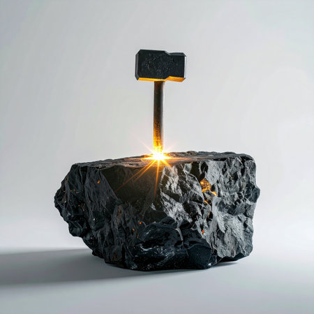A modern, minimalist lamp glows brightly as it emerges from a rough, dark piece of coal.の素材