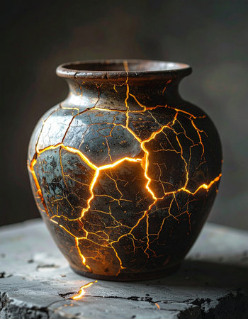 A beautifully flawed ceramic vase sits in quiet dignity, its history of breakage not hidden but celebrated.の素材