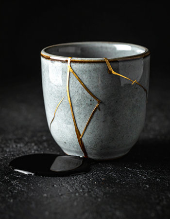 A beautifully restored ceramic cup showcases the Japanese art of Kintsugi. Golden lacquer traces the lines of its past fractures, transforming damage into a unique and beautiful part of its history.の素材