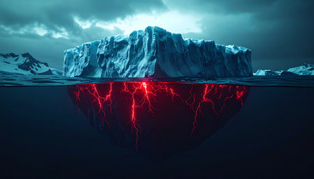 Deep in the frigid polar waters, a massive iceberg drifts under a stormy sky.の素材