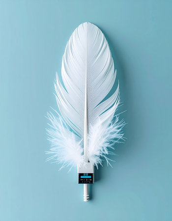 A single white feather, symbolizing lightness and the classic quill pen, is seamlessly integrated with a modern USB flash drive.の素材