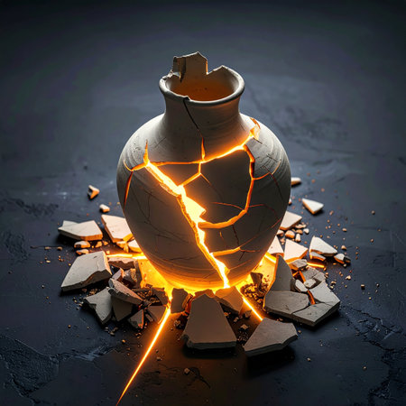 A shattered ceramic vase lies in pieces on a dark surface, but it is not defeated. A powerful, warm light glows from within, seeping through the cracks and illuminating the fragments.の素材
