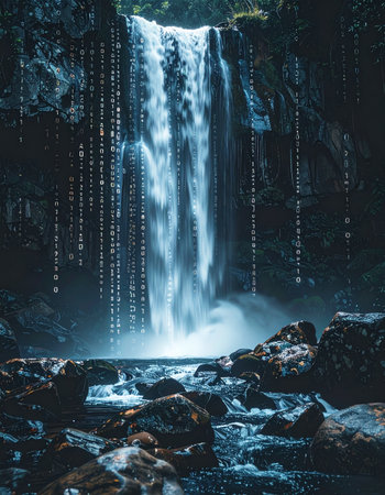 In a hidden, dark forest, a powerful waterfall cascades over mossy rocks.の素材