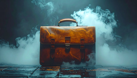 A vintage leather briefcase sits on a wet, dark floor, shrouded in an ethereal cloud of smoke.の素材
