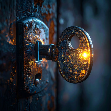 An old, ornate key turns in a rusty lock, its surface glowing with a magical light in the darkness.の素材