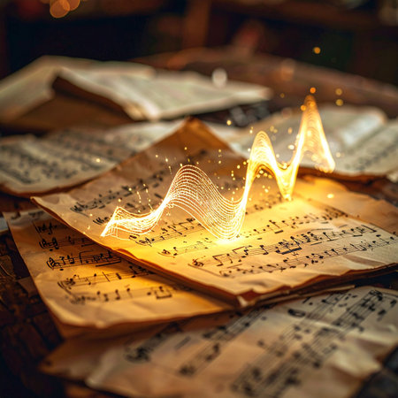 A magical melody materializes as a glowing golden waveform, rising from ancient, yellowed sheet music.の素材