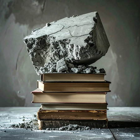 A heavy, jagged piece of broken concrete rests on a stack of old, weathered books, symbolizing the immense pressure of harsh reality or brute force threatening knowledge, history, and education.の素材
