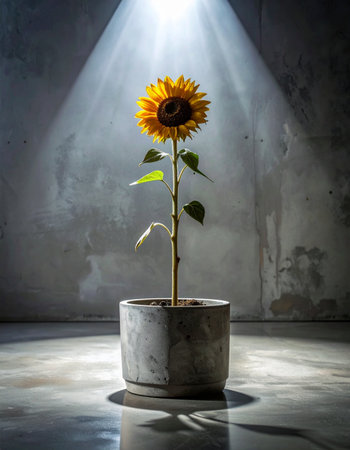 In a dark, quiet space, a single spotlight illuminates a lone sunflower, its vibrant yellow petals a stark contrast to the surrounding gloom.の素材