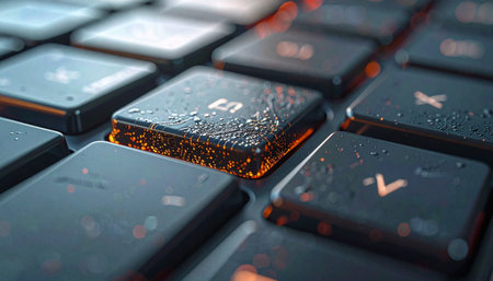 In the focused quiet of a late-night session, an illuminated key glows with intense orange light.の素材