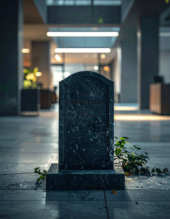 In a starkly modern and brightly lit corporate lobby, an old, weathered tombstone stands as a surreal and silent monument.の素材