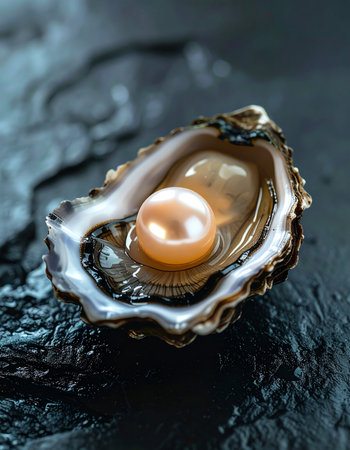 A single, perfect pearl with a warm, lustrous glow is revealed within the iridescent cradle of an open oyster shell.の素材