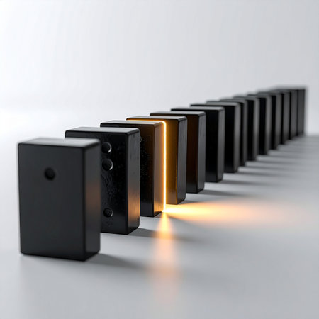 In a long line of identical black dominoes, one stands apart, glowing with a warm, inner light.の素材
