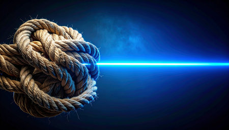 A powerful blue laser beam, symbolizing technology and innovation, slices through a complex, tangled rope knot.の素材