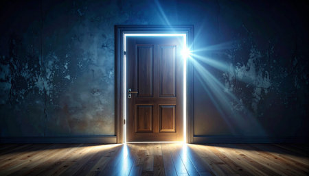 In a dark, forgotten room, a single door glows with an otherworldly light, promising a gateway to new possibilities, the future, or an unknown adventure.の素材