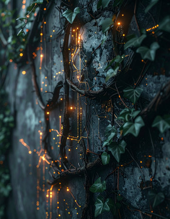 In the quiet twilight of an enchanted wood, a cascade of warm string lights illuminates the deep green ivy on a weathered surface.の素材
