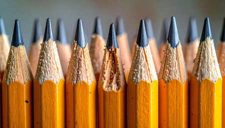A tight, orderly row of freshly sharpened pencils stands at attention, their graphite tips gleaming and ready for action.の素材