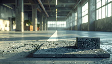 Morning light streams through large windows, illuminating a vast, empty warehouse.の素材