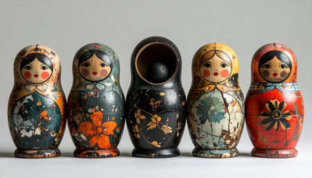 A set of five vintage, hand-painted Matryoshka dolls stands in a row.の素材