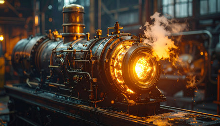 In the heart of a vast industrial workshop, a magnificent steampunk locomotive comes to life.の素材