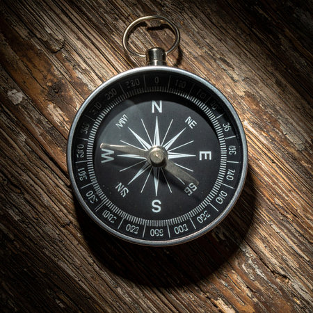An old, reliable compass rests on a weathered wooden surface, its needle steady on north.の素材